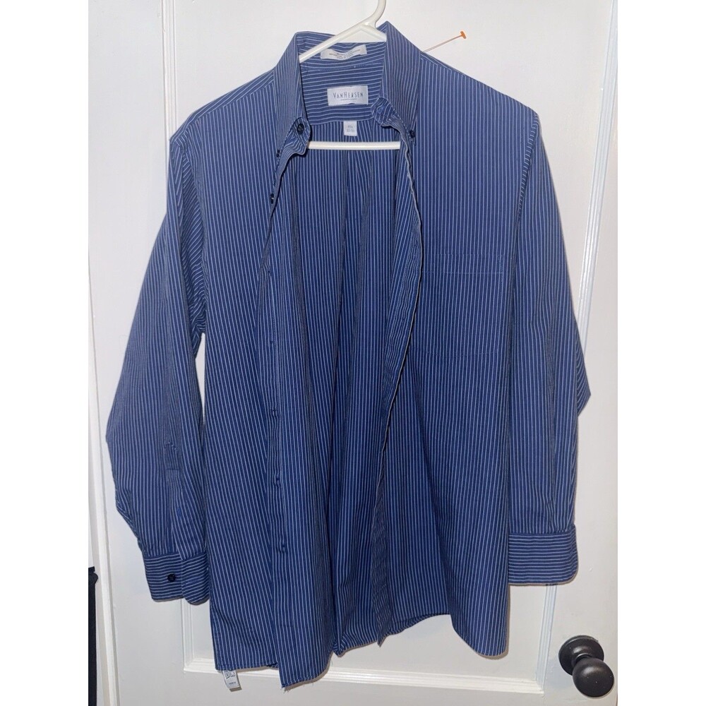 Van Heusen Mens 15.5-32/33 Blue Striped Long Sleeve Button Down Shirt